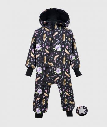 Waterproof Softshell Overall Comfy Flowers And Feathers Black Jumpsuit
